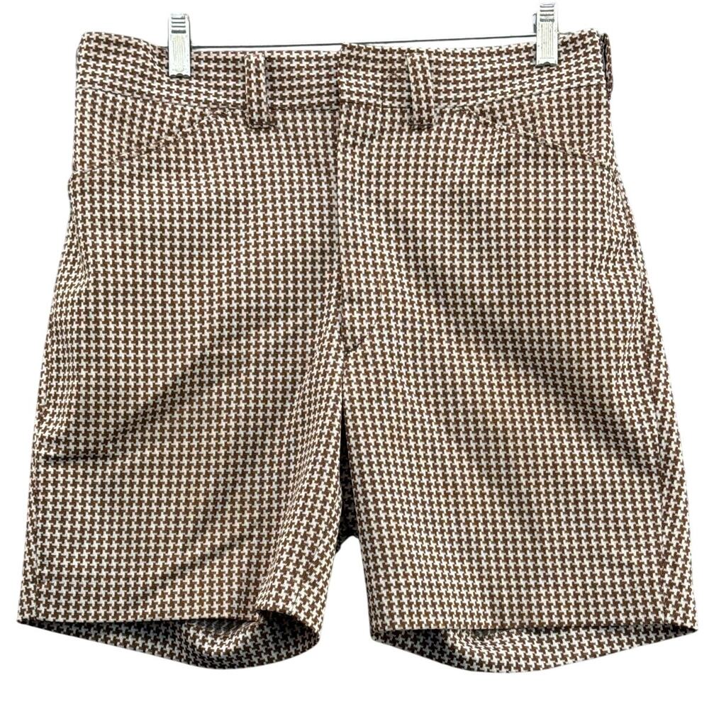 Sears Vintage Preppy Permapress Polyester Brown Cream Houndstooth Shorts Men 32"